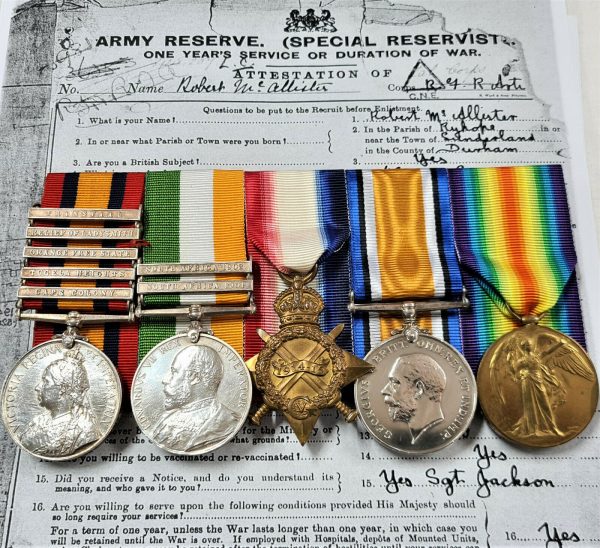 WOUNDED COLENSO BOER WAR & WW1 MEDALS 95773 GUNNER ROBERT McALLISTER FRANCE WW1