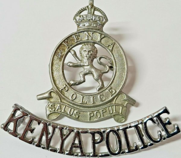 WW2 ERA OBSOLETE KENYA POLICE FORCE UNIFORM CAP BADGE & SHOULDER TITLE