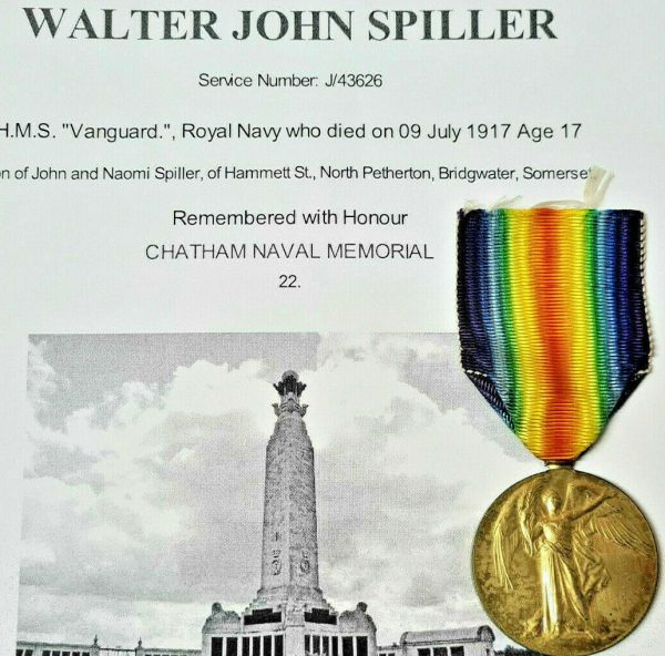 killed HMS Vanguard 1917 WW1 Victory Medal to Boy 1st Class Walter John Spiller