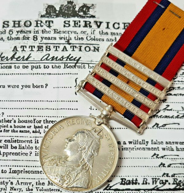 PRE WW1 BOER WAR QUEENS SOUTH AFRICA MEDAL 3451 HERBERT ANSLEY 13TH HUSSARS