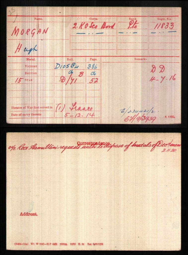 *WW1 DIED OF DISEASE 14/7/191* MEDALS 11833 PTE. HUGH MORGAN KINGS OWN SCOTTISH BORDERS WITH BADGE - Image 7