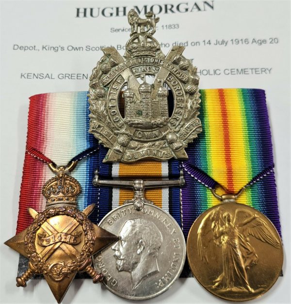 WW1 DIED OF DISEASE 14.7.16 MEDALS 11833 MORGAN KINGS OWN SCOTTISH BORDERS BADGE