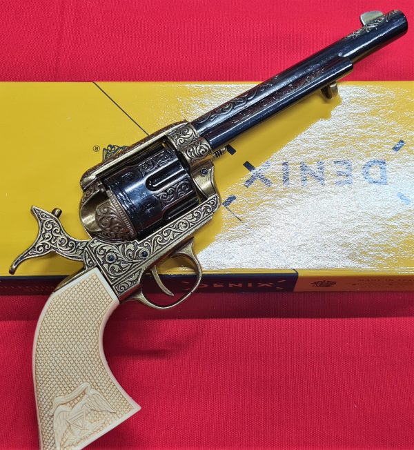 DENIX REPLICA GUN 1873 ENGRAVED COLT PEACE MAKER REVOLVER PISTOL BRASS & BLACK WITH EAGLE GRIP - Image 5