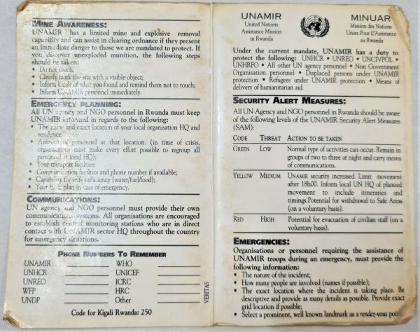 AUSTRALIA ARMY UNITED NATIONS FORCES UNAMIR RWANDA SECURITY CARD & MAP