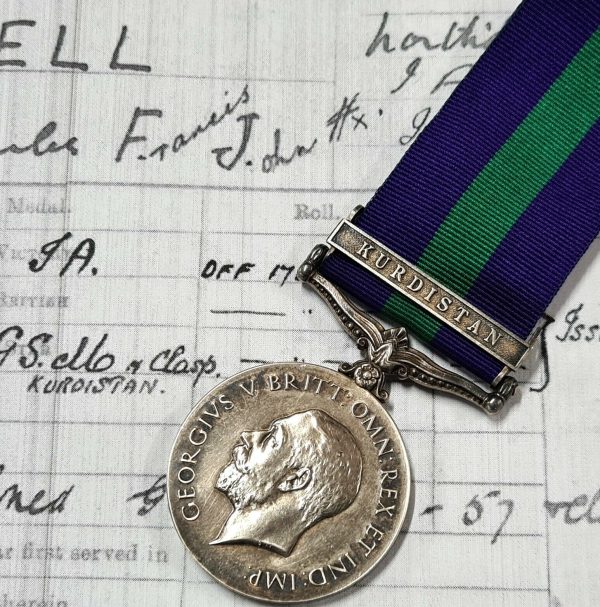 GENERAL SERVICE MEDAL KURDISTAN LIEUTENANT CHARLES FRANCIS JOHN BELL INDIAN ARMY