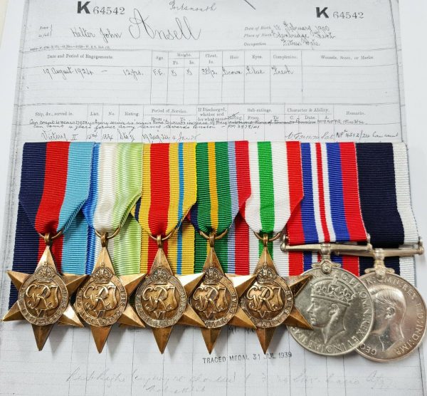 WW2 ROYAL NAVY LONG SERVICE MEDALS K.64542 CHIEF STOKER WALTER ANSELL HMS NELSON