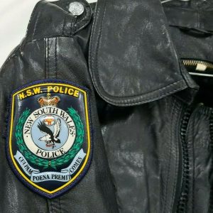 1980's NEW SOUTH WALES POLICE UNIFORM LEATHER MOTORCYCLE JACKET WITH PATCHES