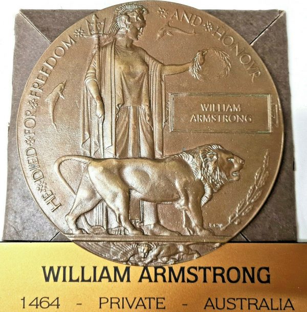 LONE PINE GALLIPOLI WW1 AUSTRALIA MEMORIAL DEATH PLAQUE MEDAL 4TH BN W ARMSTRONG
