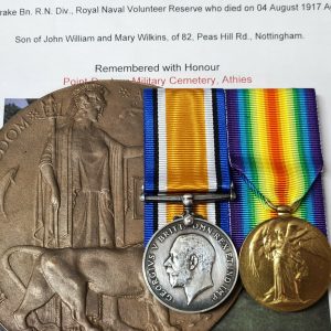 ROYAL NAVAL DIVISION DRAKE BN WW1 MEDALS & PLAQUE KILLED IN ACTION R212 WILKINS