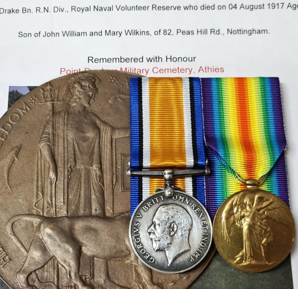 ROYAL NAVAL DIVISION DRAKE BN WW1 MEDALS & PLAQUE KILLED IN ACTION R212 WILKINS