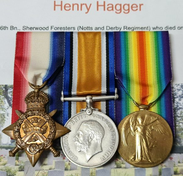 WW1 MEDALS KILLED IN ACTION YPRES 1917 H HAGGER SHERWOOD FORESTERS NEUVE CHAPELE