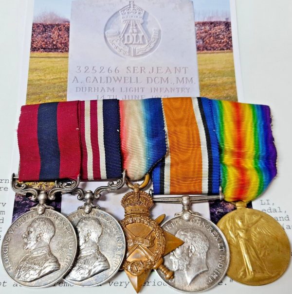 WW1 CASUALTY DCM MM MEDALS BRITISH ARMY DURHAM LIGHT INFANTRY 325266 CALDWELL