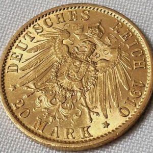 PRE WW1 GERMANY 20 MARKS KAISER WILHELM 1910 GOLD COIN BERLIN MINT