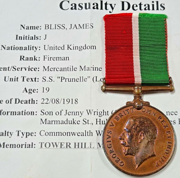 RARE GERMAN U-BOAT SS PRUNELLE CASUALTY WW1 BRITISH MERCANTILE MARINE MEDAL