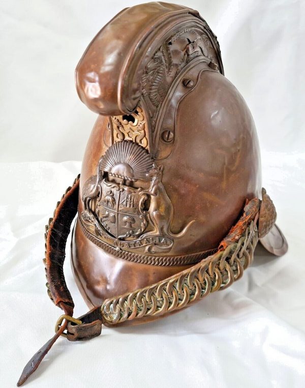 PRE FEDERATION WEST AUSTRALIAN MERRYWEATHER BRASS FIREMAN'S UNIFORM HELMET - Image 7
