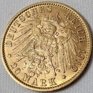 PRE WW1 GERMANY 20 MARKS KAISER WILHELM 1910 GOLD COIN BERLIN MINT