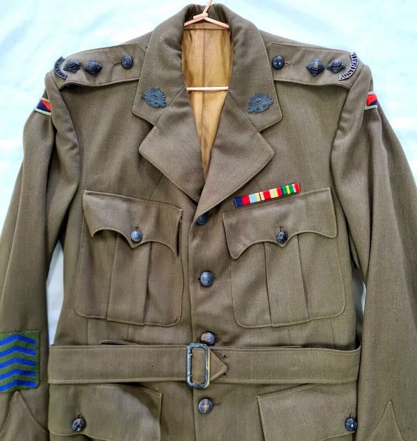 WX129 WW2 AUSTRALIAN ARMY OFFICER WOOL UNIFORM SERVICE BLOUSE JACKET BADGES