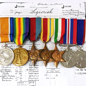 SUNK HMS PESSAC 1941 WW1 & WW2 SERVICE ROYAL NAVY MEDALS J. 56349 G LIQUORISH