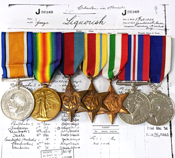 SUNK HMS PESSAC 1941 WW1 & WW2 SERVICE ROYAL NAVY MEDALS J. 56349 G LIQUORISH