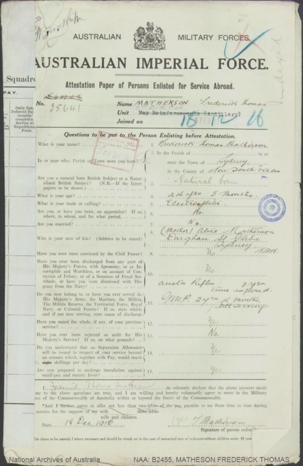 WW1 AUSTRALIAN ARMY MEDALS 35641 GUNNER F T MATHESON 14TH BATTERY 5th FAB AIF - Image 8