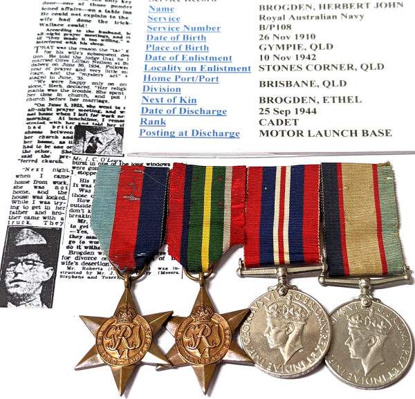 HMAS GLADSTONE WW2 ROYAL AUSTRALIAN NAVY MEDALS BP.108 HERBERT BROGDEN