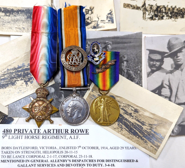 RARE MENTION DISPATCHES 9TH LIGHT HORSE WW1 AUSTRALIAN MEDALS 480 ARTHUR ROWE