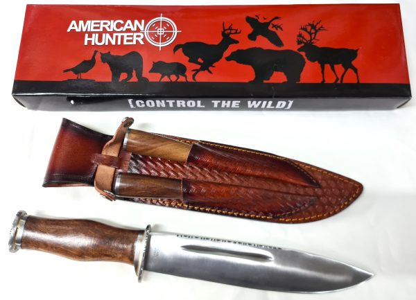 American Hunter Bowie Knife Set Brown Leather Belt Sheath Stainless Blade - Image 2