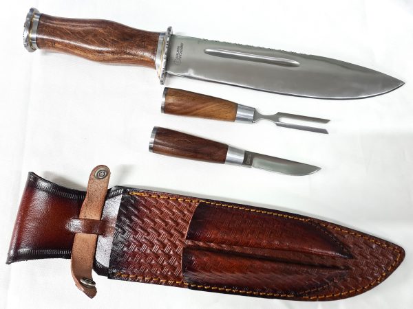 American Hunter Bowie Knife Set Brown Leather Belt Sheath Stainless Blade