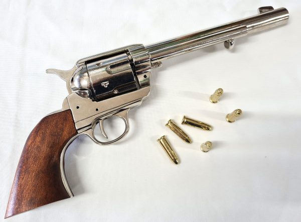 Denix Replica Colt 45 Western frontier revolver antique Nickel wood grips & 6 gold bullets