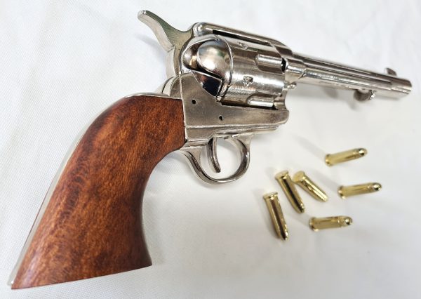 Denix Replica Colt 45 Western frontier revolver antique Nickel wood grips & 6 gold bullets - Image 4