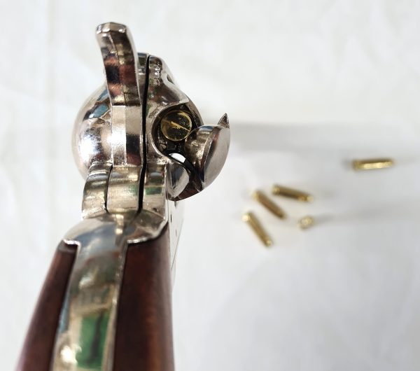 Denix Replica Colt 45 Western frontier revolver antique Nickel wood grips & 6 gold bullets - Image 5