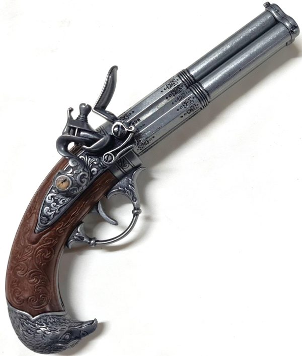 DENIX FRENCH REVOLVING 3 BARREL FLINTLOCK PISTOL FRANCE 18THc. ENGRAVED WITH EAGLE HEAD - Image 2