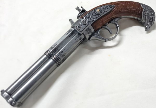 DENIX FRENCH REVOLVING 3 BARREL FLINTLOCK PISTOL FRANCE 18THc. ENGRAVED WITH EAGLE HEAD - Image 6