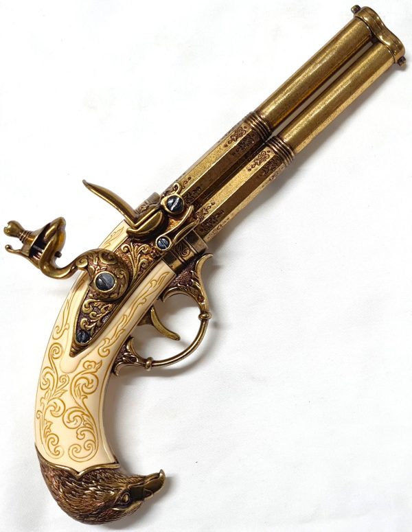 DENIX FRENCH REVOLVING 2 BARREL FLINTLOCK PISTOL FRANCE 18THc. ENGRAVED WITH EAGLE HEAD