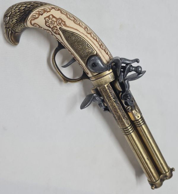 DENIX FRENCH REVOLVING TRIPLE BARREL FLINTLOCK PISTOL FRANCE 18THc. ENGRAVED WITH EAGLE HEAD - Image 9