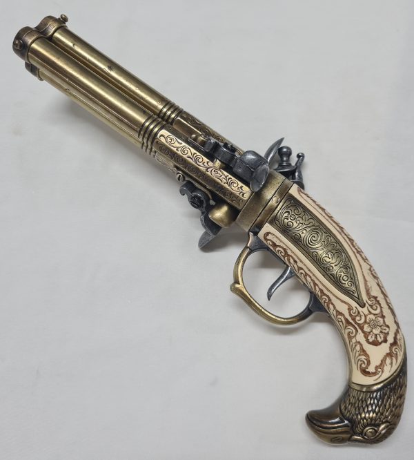 DENIX FRENCH REVOLVING TRIPLE BARREL FLINTLOCK PISTOL FRANCE 18THc. ENGRAVED WITH EAGLE HEAD - Image 8