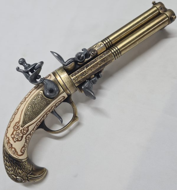 DENIX FRENCH REVOLVING TRIPLE BARREL FLINTLOCK PISTOL FRANCE 18THc. ENGRAVED WITH EAGLE HEAD - Image 2