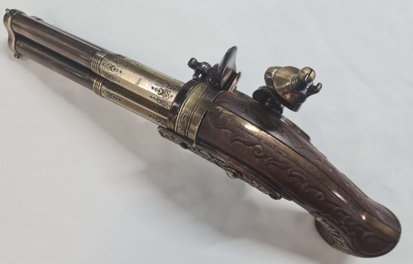 DENIX FRENCH REVOLVING TRIPLE BARREL FLINTLOCK PISTOL FRANCE 18THc. ENGRAVED - Image 4