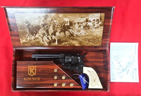 Western Peacemaker Single Action Army Revolver 45 pistol with 6 cap gun bullet rounds and gift box by Kolser black with faux ivory snake handle