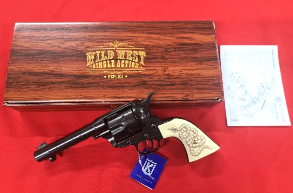 Western Peacemaker Single Action Army Revolver 45 pistol with 6 cap gun bullet rounds and gift box by Kolser black with faux ivory snake handle