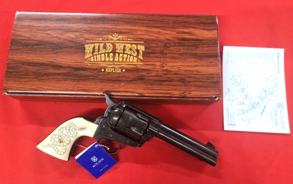 Western Peacemaker Single Action Army Revolver 45 pistol with 6 cap gun bullet rounds and gift box by Kolser black with faux ivory snake handle