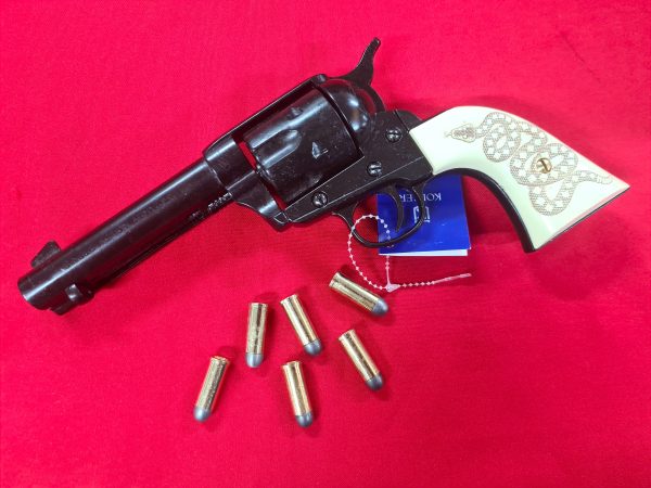 Western Peacemaker Single Action Army Revolver 45 pistol with 6 cap gun bullet rounds and gift box by Kolser black with faux ivory snake handle - Image 5