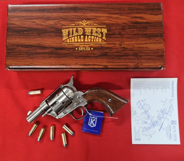 Western Peacemaker Snub nose Army Revolver 45 pistol with 6 cap gun bullet rounds and gift box by Kolser black with faux wood handle