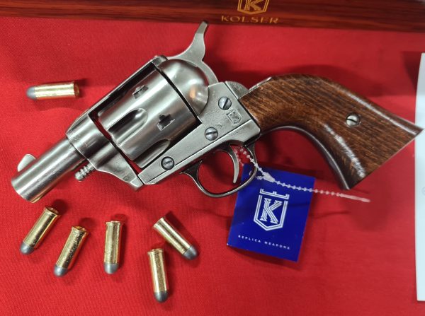 Western Peacemaker Snub nose Army Revolver 45 pistol with 6 cap gun bullet rounds and gift box by Kolser silver with wood handle - Image 2