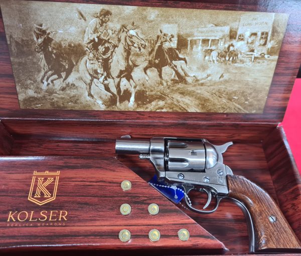 Western Peacemaker Snub nose Army Revolver 45 pistol with 6 cap gun bullet rounds and gift box by Kolser black with faux wood handle