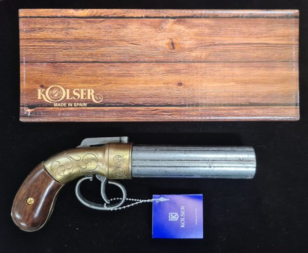 ALLEN & THURBER PEPPERBOX PISTOL 6 SHOTS 1837 IN ANTIQUE BRASS & STEEL FINISH - REPLICA KOLSER GUN