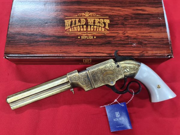 1854 WESTERN LEVER ACTION REPEATER VOLCANIC PISTOL IN ANTIQUE BRASS FINISH WITH FAUX PEARL GRIPS - REPLICA KOLSER GUN - Image 2