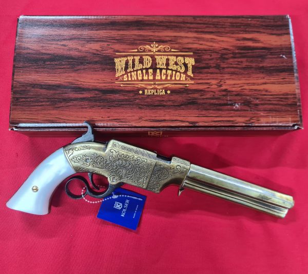 1854 WESTERN LEVER ACTION REPEATER VOLCANIC PISTOL IN ANTIQUE BRASS FINISH WITH FAUX PEARL GRIPS - REPLICA KOLSER GUN - Image 3