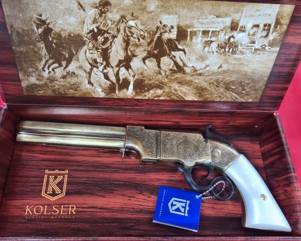 1854 WESTERN LEVER ACTION REPEATER VOLCANIC PISTOL IN ANTIQUE BRASS FINISH WITH FAUX PEARL GRIPS - REPLICA KOLSER GUN - Image 7