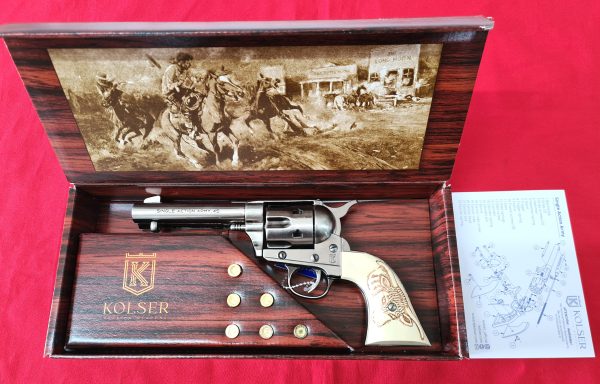 Western Peacemaker Single Action Army Revolver 45 pistol with 6 cap gun bullet rounds and gift box by Kolser silver with faux ivory bull handle